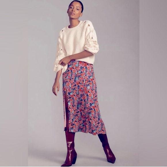⬇️ Anthropologie The Lille Side-Slit Midi Skirt by Maeve Pink Floral Size 14 - Picture 2 of 13